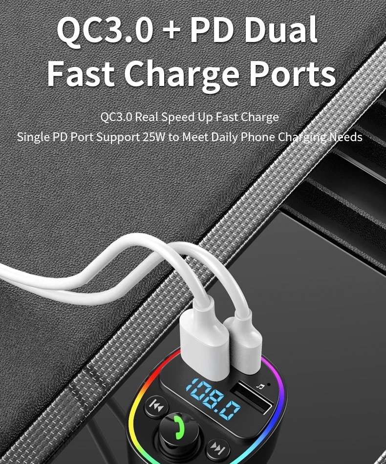 Fast charging car charger with a three-cable MP3 player